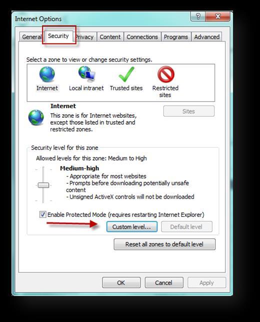 Visiontracker Training Guide P a g e 5 2. Select the tab called Security and then the Custom Level button - this will open the Security Settings window.