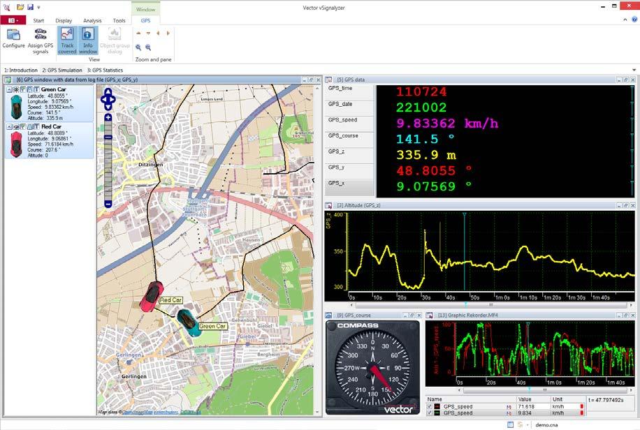 9 Visualizing the Vehicle Position on a Map vsignalyzer lets you visualize logged GPS data on electronic maps.