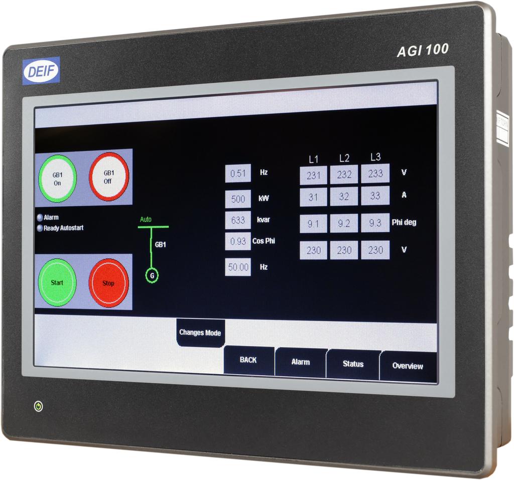 AGI 107/112 data sheet 4921240387 UK General information 1. General information 1.1 Application and advantages 1.1.1 Application DEIF s LCD Graphical Touch Controllers, the AGI 100 series, can be connected to all types of multi-line controllers from DEIF.