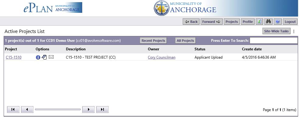 Uploading Files 1. When you have successfully logged into ProjectDox, the projects screen will display.