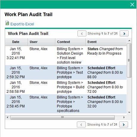Chapter 7: Viewing and Monitoring Project Metrics 3. Click the X icon in the upper-right corner to close the dialog box. View the audit trail for a particular work plan 1. Open the project to edit.