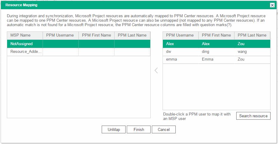 Chapter 8: Integrating Project Management with Microsoft Project To map an MSP resource to a PPM resource: 1. In the left table, select an MSP resource. 2.