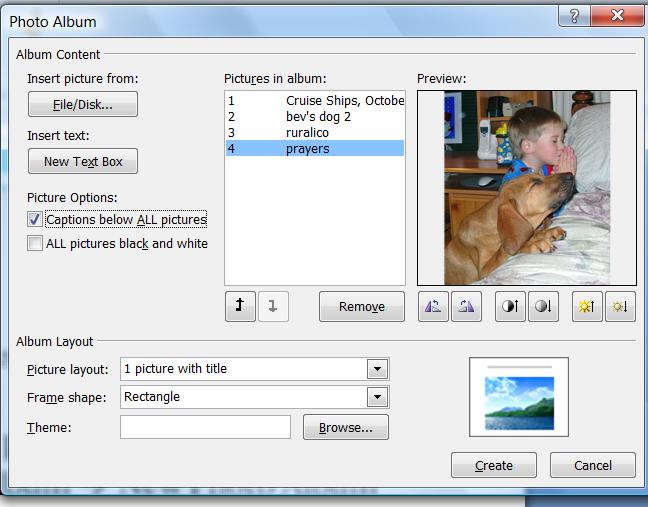 Creating a Photo Album Photo album feature is used to create a slide show of pictures To create a photo album presentation: Click Insert