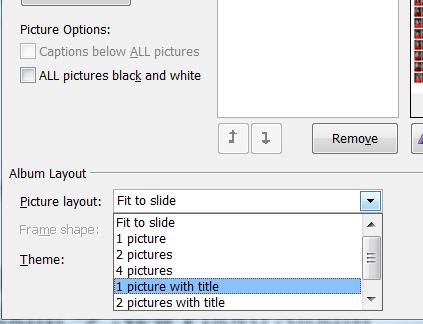 After selecting a layout in the Picture layout list, select Captions below ALL Pictures to add caption to every slide A Theme can be