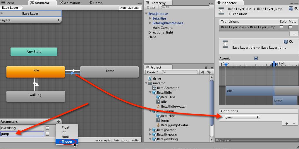 STEP 11 Last we will add a jumping animation when the space bar is pressed. First, add the jump animation to the Animator Window as we ve done before. Make two transitions.