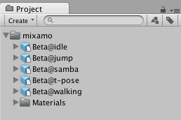Figure 1. The Mixamo contents in Unity STEP 1 Before you can create a character controller, first you need a character.