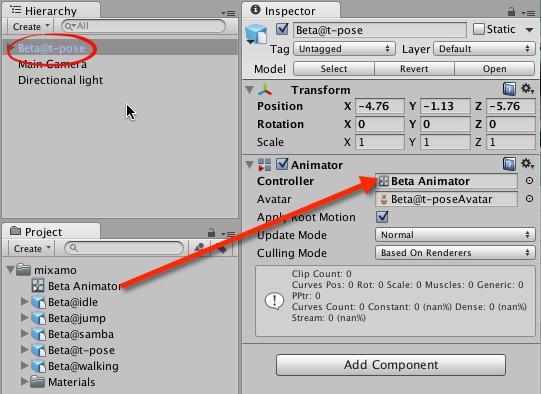 STEP 4 To assign the Animator Controller to Beta, select Beta in the Hierarchy and then drag and drop the Beta Animator from the Project onto the Animator Controller property in the Inspector as