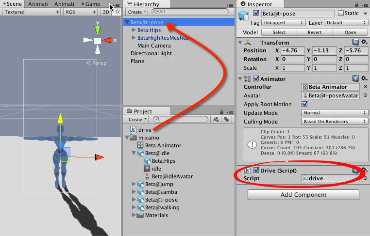 Figure 11. Attaching the drive script to the character. At this point, if you play, the drive script will work when you use the arrow keys to move the character around.