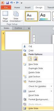Hidden slides To un-hide the slide In the normal view open splitter bar for the pane slides and outline to comeup. In the pane with the Outline and Slides tabs, click the Slides tab.