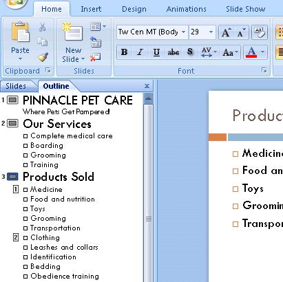 WORKING WITH OUTLINES Outline panel Add, remove, and move text Available on the left side of the screen in Normal view Type in