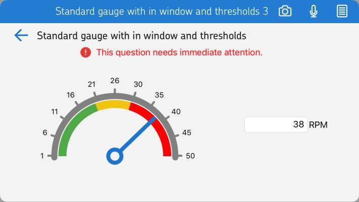 Standard Gauge Numeric Question Type The following is an example of a standard gauge configuration with defined window and threshold rules and its graphical user interface representation: RPM