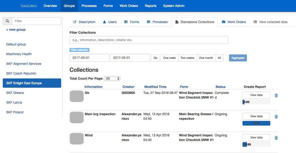 Standalone Collections tab The Standalone Collections tab displays all collections that are associated with the group, but not with the group s work orders.
