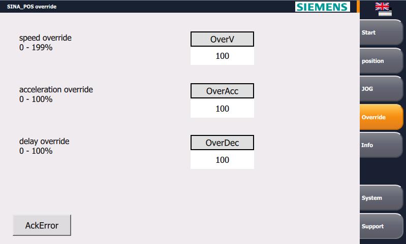 6 Operating the Application Example Figure 6-5: "JOG" operator screen Override operator screen You can set the following standards in the "Override" operator screen: Speed override Acceleration