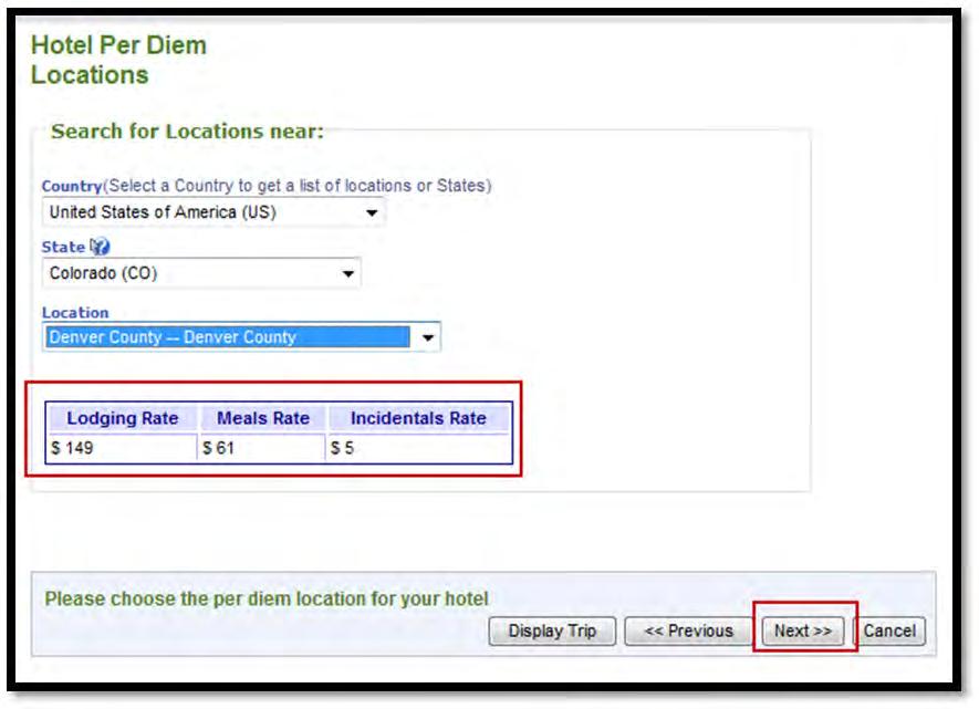 Review the Hotel Per Diem Location.