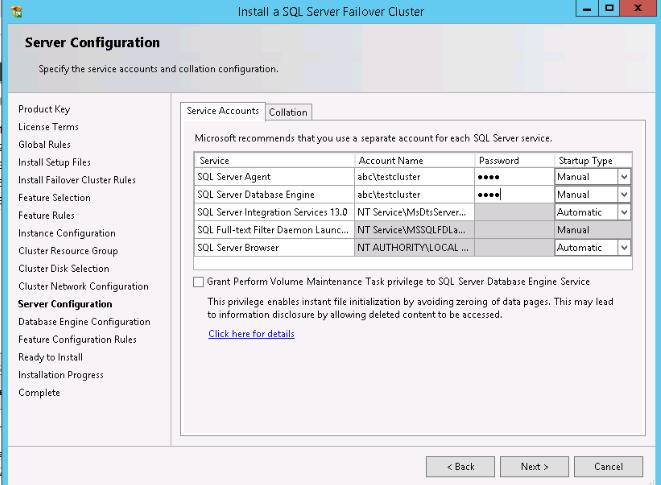 L). The next screen will prompt for SQL Server Service account setup.