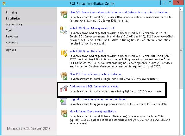 Adding SQL Server 2016 Failover Cluster on Second Node A. On the secondary node(s) launch the setup as mention in A screenshot of First Node installation. B.