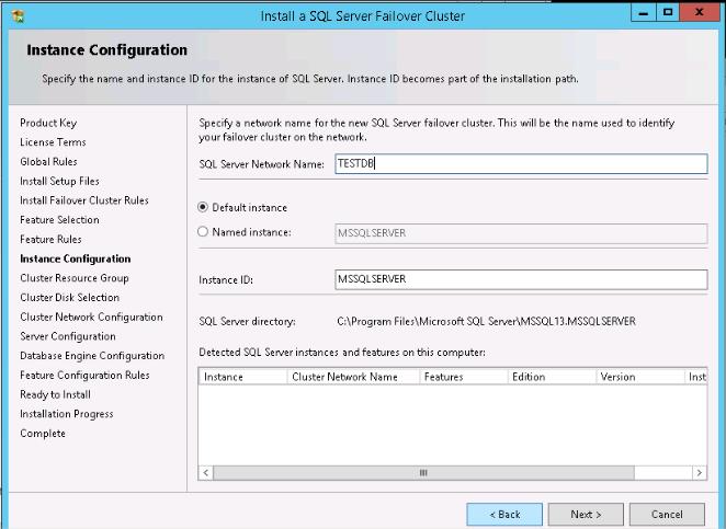 G). The Instance configuration window will prompt for SQL Server Network Name, the Instance Name and the root directory for the instance. Click the next button to continue.