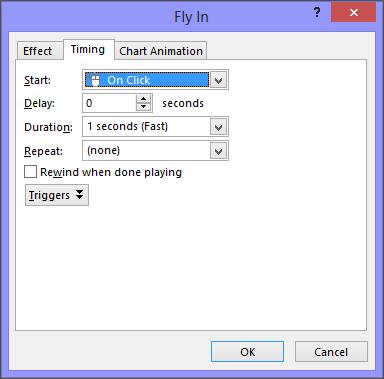 2. Select the effect that you wish to customize. 3. Click the animation s list arrow and select Timing from the list. The Animation Effect dialog box appears with the Timing tab displayed. 4.