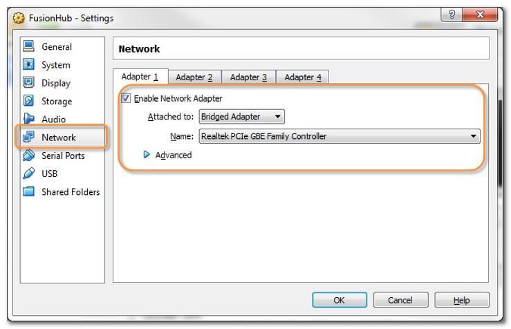 On the FusionHub - Settings dialog, click Network. Select the Adapter 1 tab.