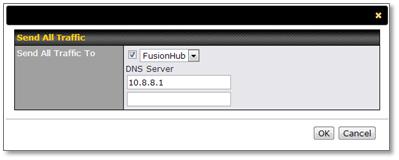 Navigate to Advanced > SpeedFusion, and then click under Send All Traffic To. 2. On the dialog displayed next, check the box under Send All Traffic To. Select FusionHub from the drop-down menu.