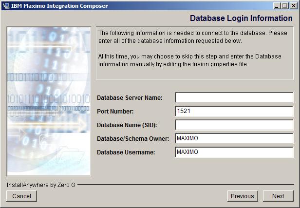 Installing IBM Maximo Integration Composer 6.2.1 6 In the Database Type dialog box, select the type for the database you will use with the Integration Composer and click Next.