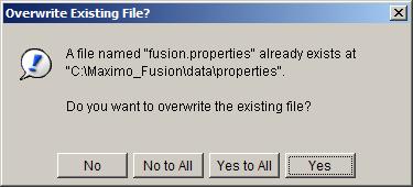 Upgrading to Integration Composer Release 6.2.1 As the update program installs Integration Composer 6.2.1, it displays the Overwrite Existing File dialog box, which gives you the option to overwrite the existing Integration Composer properties file (fusion.