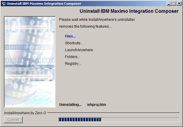 Uninstalling IBM Maximo Integration Composer Uninstall IBM Maximo Integration Composer Dialog Box 4 To uninstall Integration Composer, click Uninstall.