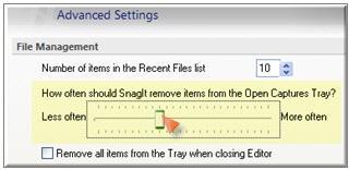SnagIt 9.0 How Long do Captures Remain in the Tray? Help File PDF By default, captures and media files remain in the Tray until you accrue 25 captures.