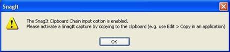 Help File PDF SnagIt 9.0 Create a Capture Clipboard Chain Enable SnagIt to capture every time you copy something to the Windows Clipboard. Setup Instructions 1. In SnagIt, select Image capture mode.