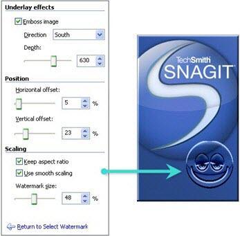 SnagIt 9.0 Watermark Effect Help File PDF Use the Watermark Effect to add a graphic file to the image during the capture process. Add logos, titles, signatures, banner ads and more.