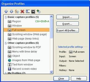 Help File PDF SnagIt 9.0 Organize and Sort the Profiles Use the Organize Profiles options to change the order of your capture profiles within the Profiles pane and import or export profiles using a.