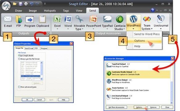 SnagIt 9.0 Send Tab Help File PDF The Outputs group contains the outputs that are automatically installed with SnagIt. Click an Output to send the current capture or media file to that destination.