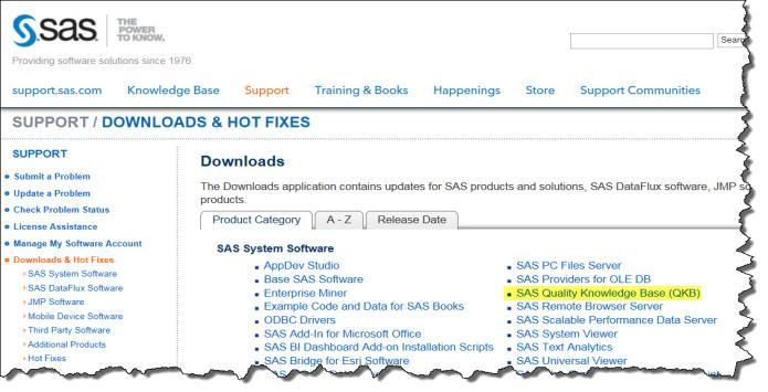1. In the menu bar, click Support. 2. In the left pane, click Downloads & Hot Fixes. 3. From the SAS System Software section, select SAS Quality Knowledge Base (QKB). 4.