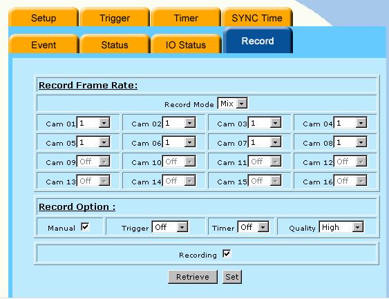 User can check the I/O status of the DVR easily. I/O status indicates whether an event such as External Trigger has occurred. A tick in the box indicates that an event has occurred.