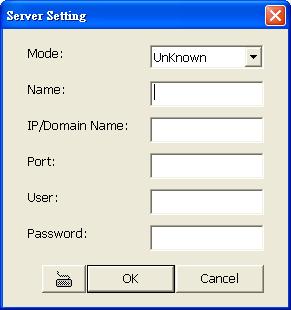 3. Click Add to add a DVR/CMS server. 4. In Server Setting window, enter the following data: Mode: Select the type of server (DVR or CMS) that user wants to add.