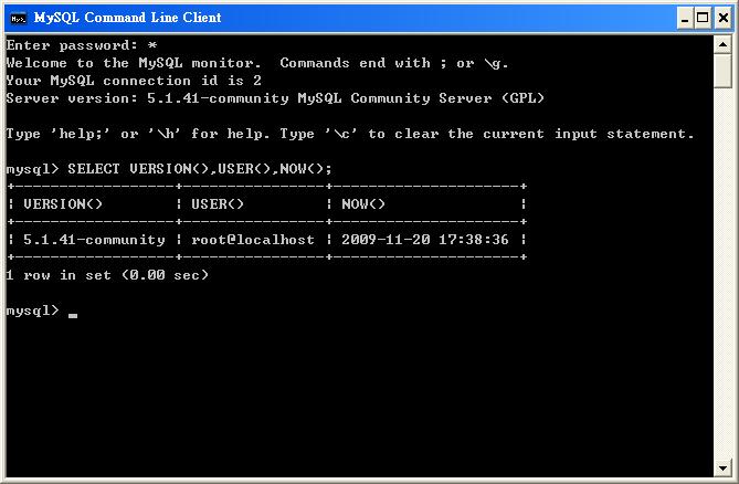 Testing MySQL User can do the following steps to verify that MySQL has been installed well. 1. Go to MySQL command line mode(start > Programs > MySQL MySQL Server 5.1 MySQL Command Line Client) 2.