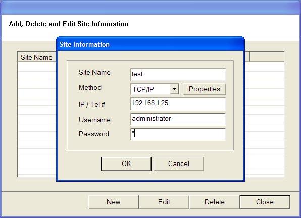 Click New when no site information is stored.