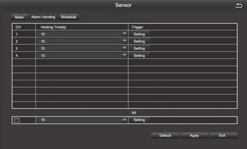 Sensor 1-1 Basic [Enable] To open sensor alarm function of the corresponding channels [Type] To choose alarm type: Normally open and