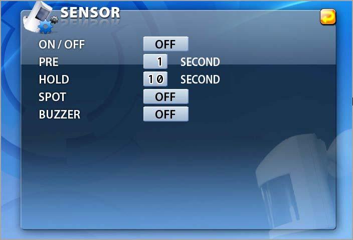 7. Setup 7-6.10. Recording by Sensor (PIR Sensor) Click the mouse on the button for each of the channels in the RECORD menu, and then the SENSOR menu will be displayed on the screen as shown in [Fig.