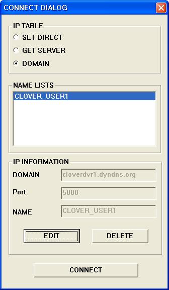 8. REMOTE HOST PROGRAM - Choose a Domain Name in the Name Lists and click the CONNECT button in order to access the DVR. - To register the Domain name (Host Name), refer to section 7-7.7.2 on page 125.