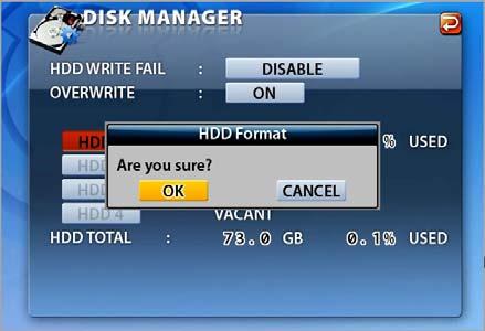 7. Setup 7-3.1. HDD WRITE FAIL If HDD is in full and the OVERWRITE on the HDD is turned OFF in the recording mode, the system will activate the relay output (See section 5-4.