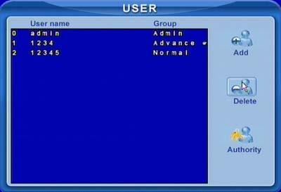 4.2.9 User Configuration Click USER to enter user management interface shown as Fig 4.