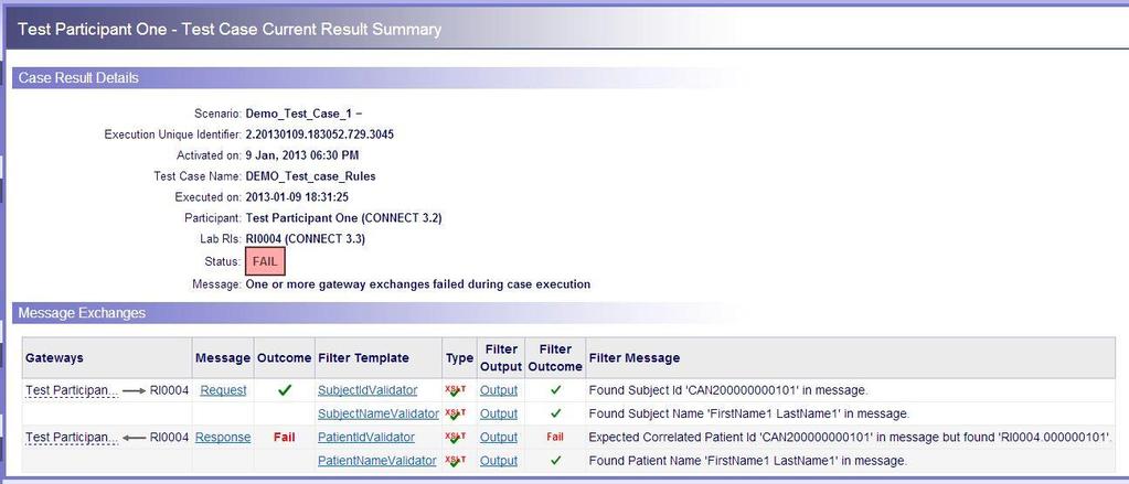 Example of a test case with a Fail status Additional key functions available on the Test Case Current Result Summary screen are outlined below.