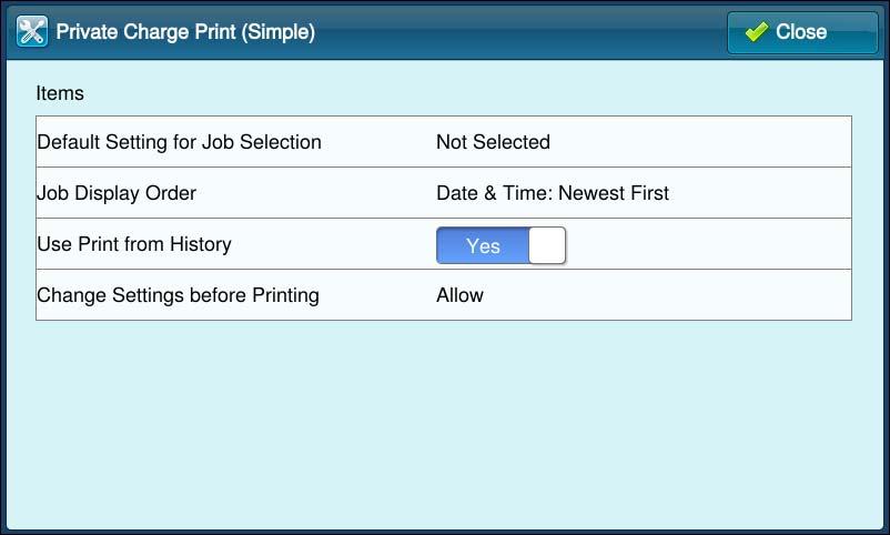 Private Charge Print (Simple Check) 3 Select [Private Charge Print (Simple)]. 4 Select the item to be set. The following procedure selects [Default Setting for Job Selection] as an example.