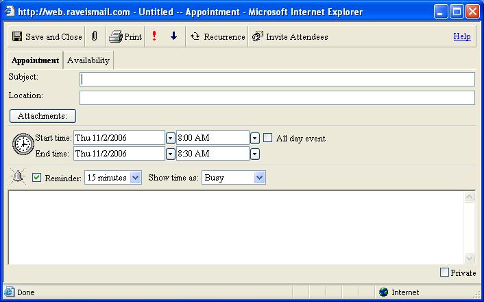 If you wish to set an appointment, double-click anywhere on the daily calendar at the appropriate time the following window appears: The user can populate the Subject and