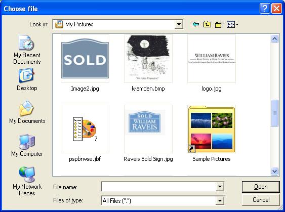 Click on the button labeled as Browse. The following appears: Using the Look In drop down or the icons on the left hand side of the dialog locate your file.
