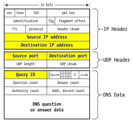 DNS packet on wire Query ID is 16- bit random value We ll walk through the example from
