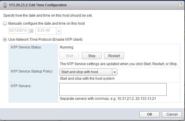 Step 4: Create the datastores The Edit Time Configuration window appears. 3. Ensure that Use Network Time Protocol (Enable NTP client) is enabled. 4. In the NTP Service Startup Policy section, select Start and stop with host.