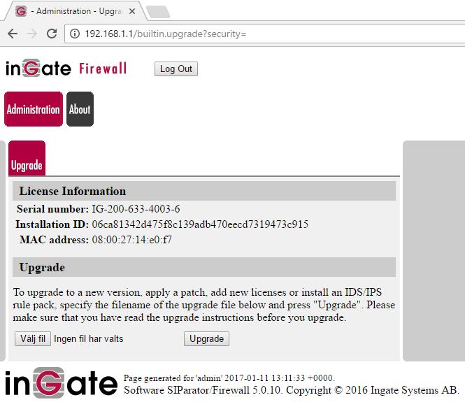 4.2 Install licenses onto Ingate unit In the web configuration interface of the unit select Administration, Upgrade.