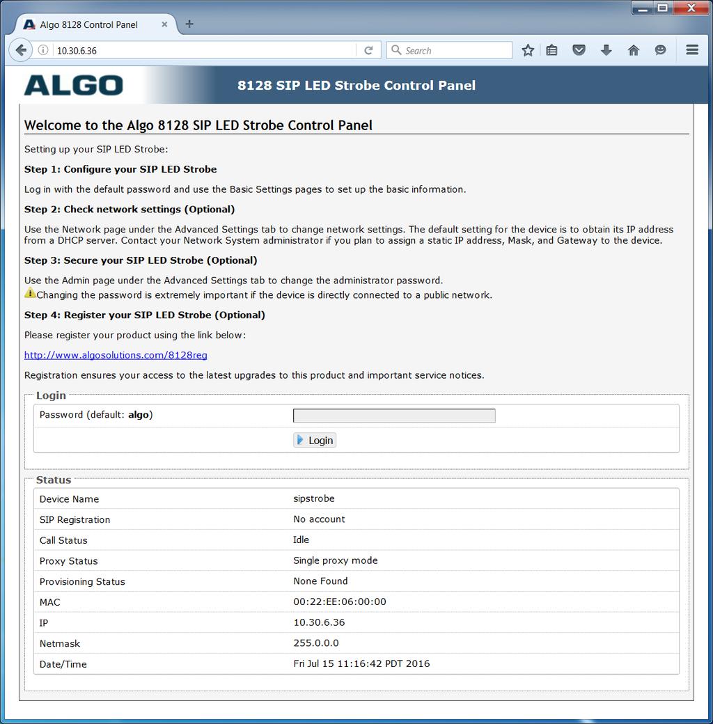 Web Interface Login The web interface requires a password which is "algo" by default. This password can be changed using the Admin tab after logging in the first time.